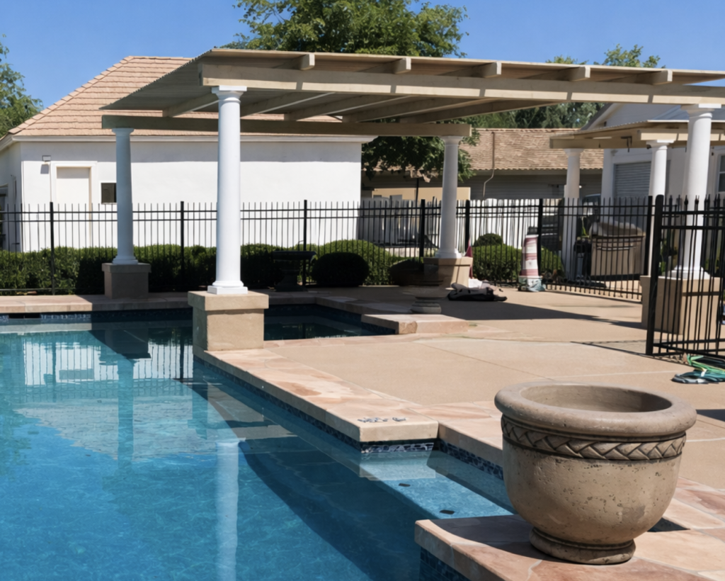 residential pool area with pergola